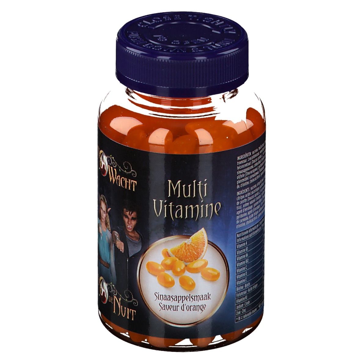 Glasflasche mit orangefarbenen Tabletten. Aufschrift: Multi Vitamine, Sinaasappelsmaak, Savour d'orange.
