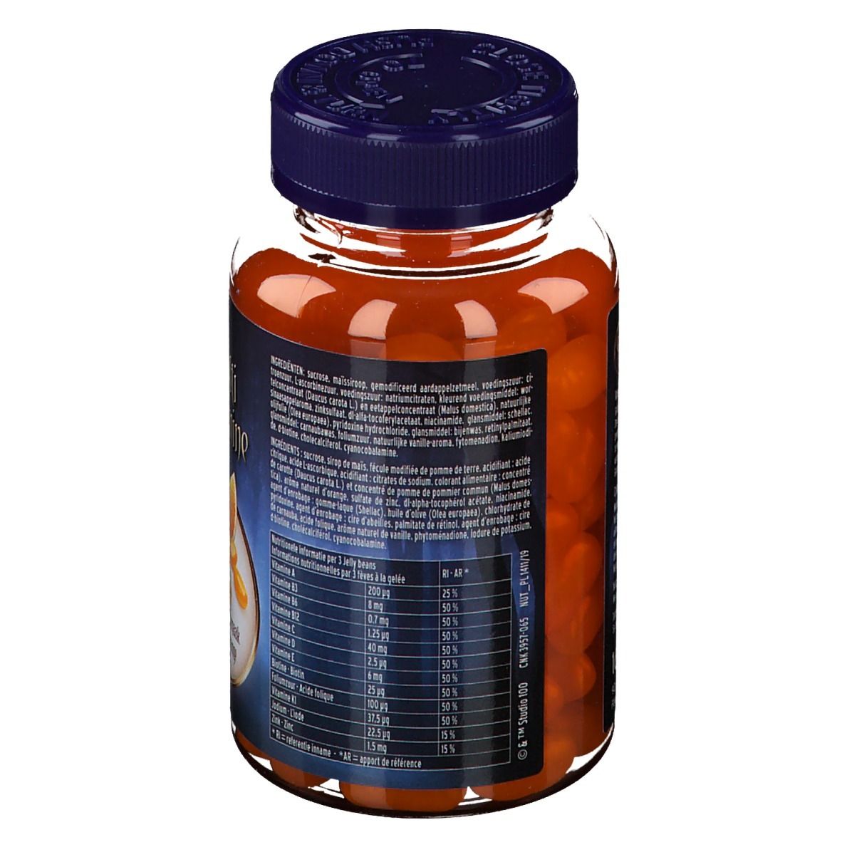 Rückansicht einer Glasflasche mit orangefarbenen Tabletten. Text mit Inhaltsstoffen und Nährwertangaben.