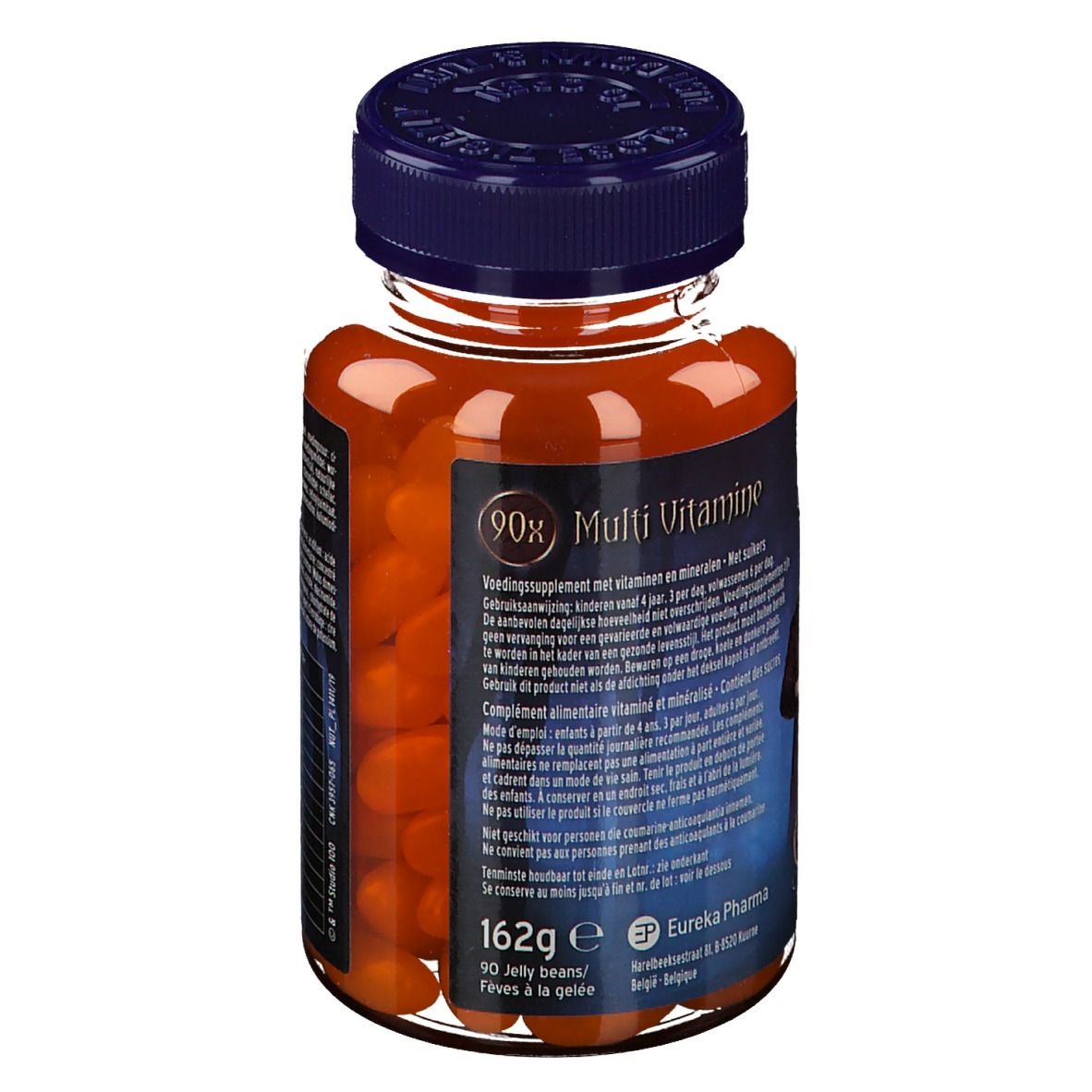 Rückansicht einer Glasflasche mit orangefarbenen Tabletten. Text mit Informationen und Nährwertangaben.