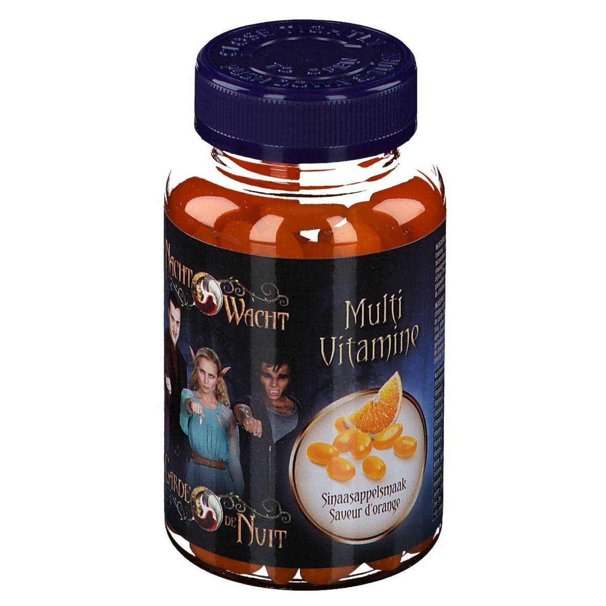 Glasflasche mit orangefarbenen Tabletten. Aufschrift: Nachtwacht, Multi Vitamine, Sinaasappelsmaak, Savour d'orange.