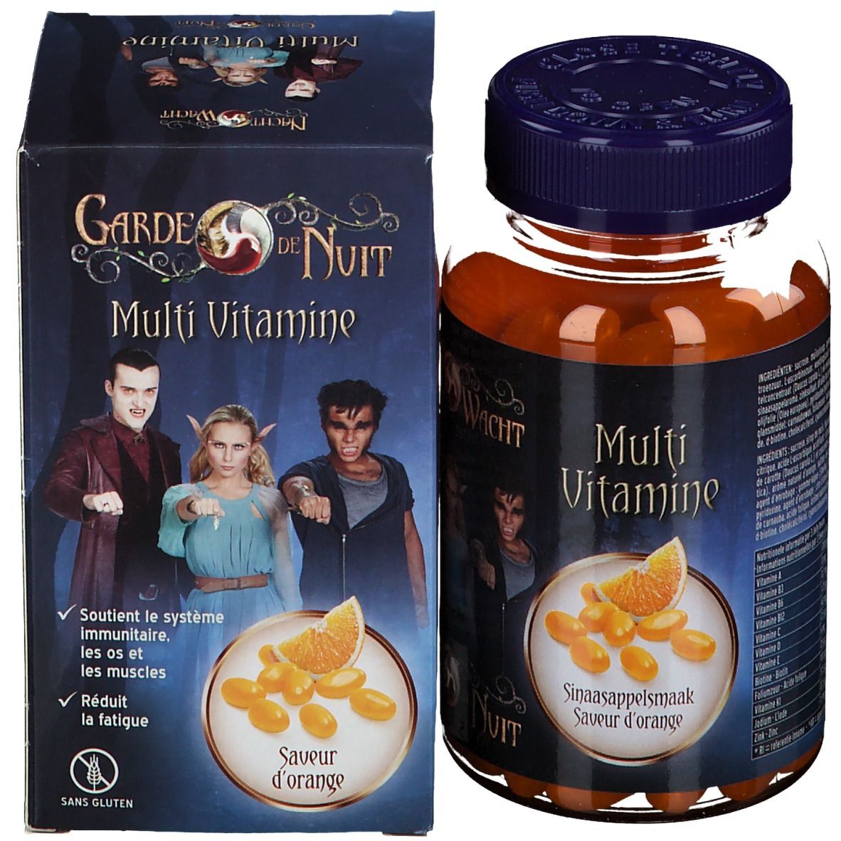Produktverpackung und Flasche mit orangefarbenen Tabletten. Aufschrift: Multi Vitamine, Sinaasappelsmaak, Savour d'orange.