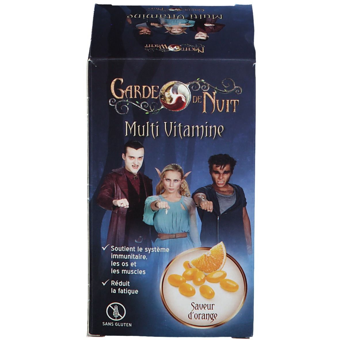 Produktverpackung mit Aufschrift: Garde de Nuit, Multi Vitamine, Sinaasappelsmaak, Savour d'orange.