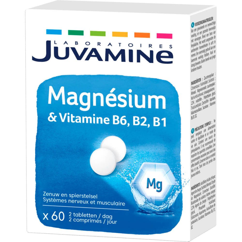 Schachtel mit Juvamine Magnésium + Vitamine B6, B2, B1. Enthält 60 Tabletten. Aufschrift: Magnésium & Vitamine B6, B2, B1.