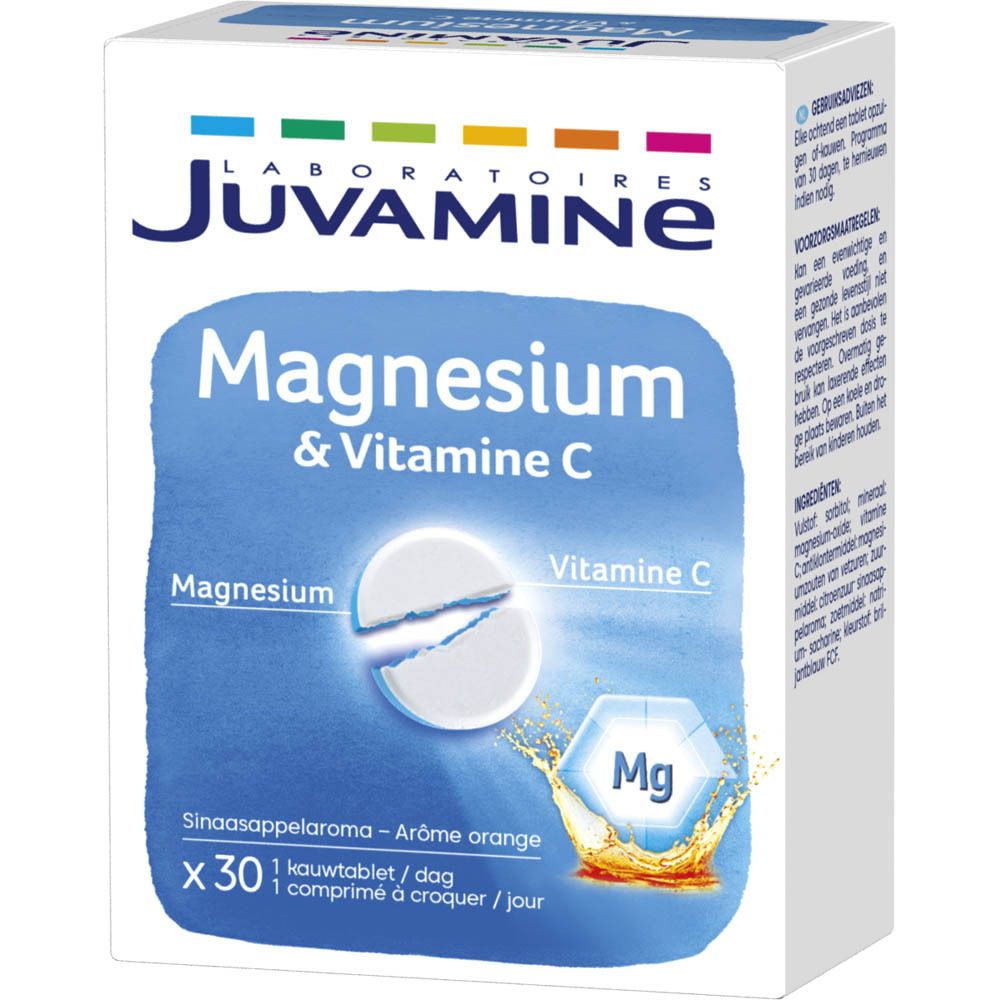 JUVAMINE Magnesium & Vitamin C-Schachtel. Blaue Schrift, weiße Tabletten-Illustration. 30 Tabletten, Orangenaroma.