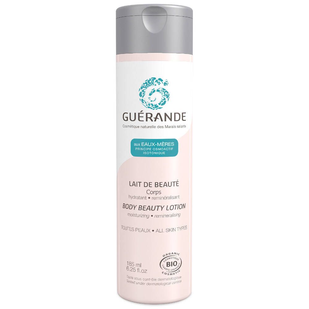 GUÉRANDE® Bodylotion. Flasche mit hellrosa Etikett, silbernem Deckel. Aufschrift: Lait de Beauté Corps, Bio-Zertifizierung.