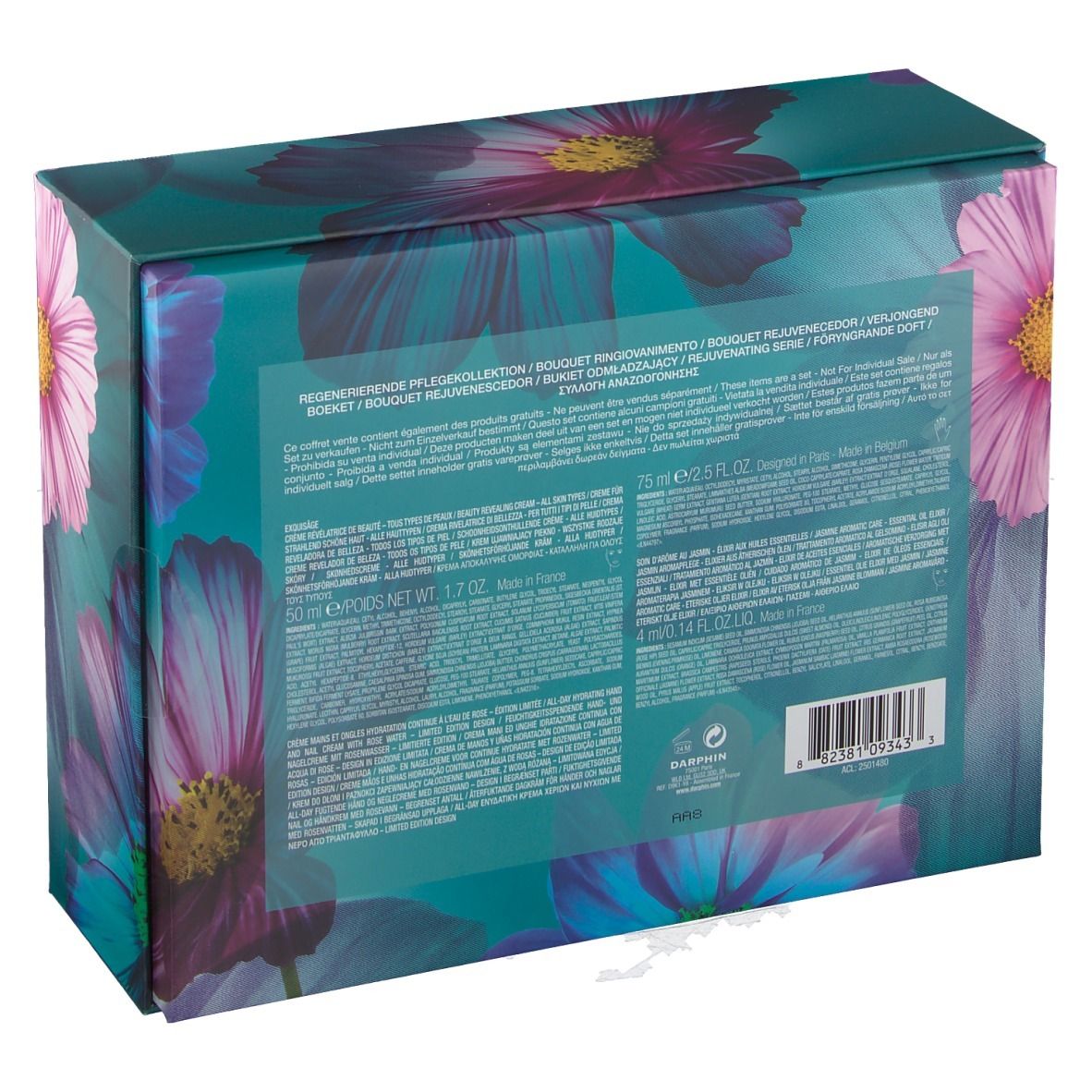 Dos du coffret cadeau avec texte et motif floral. Marque DARPHIN.