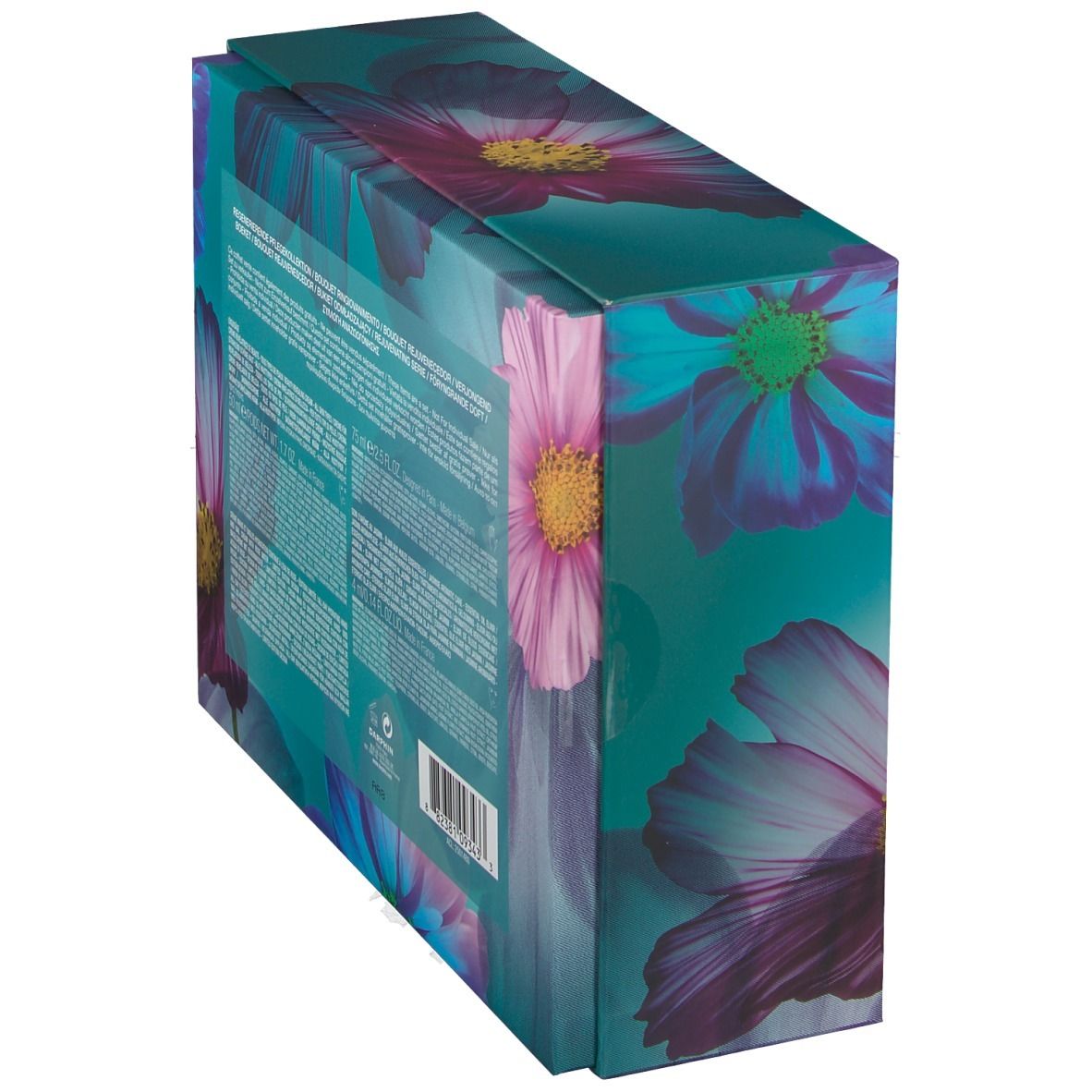 Vue latérale du coffret cadeau avec texte et motif floral. Marque DARPHIN.