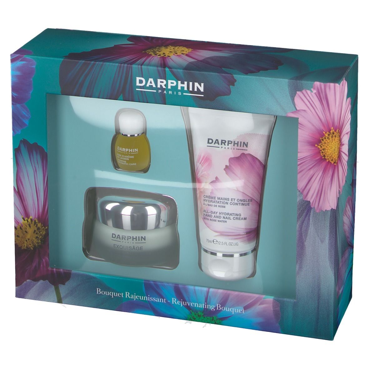 Coffret cadeau avec trois produits. Marque DARPHIN. Fenêtre montrant crèmes et sérum.