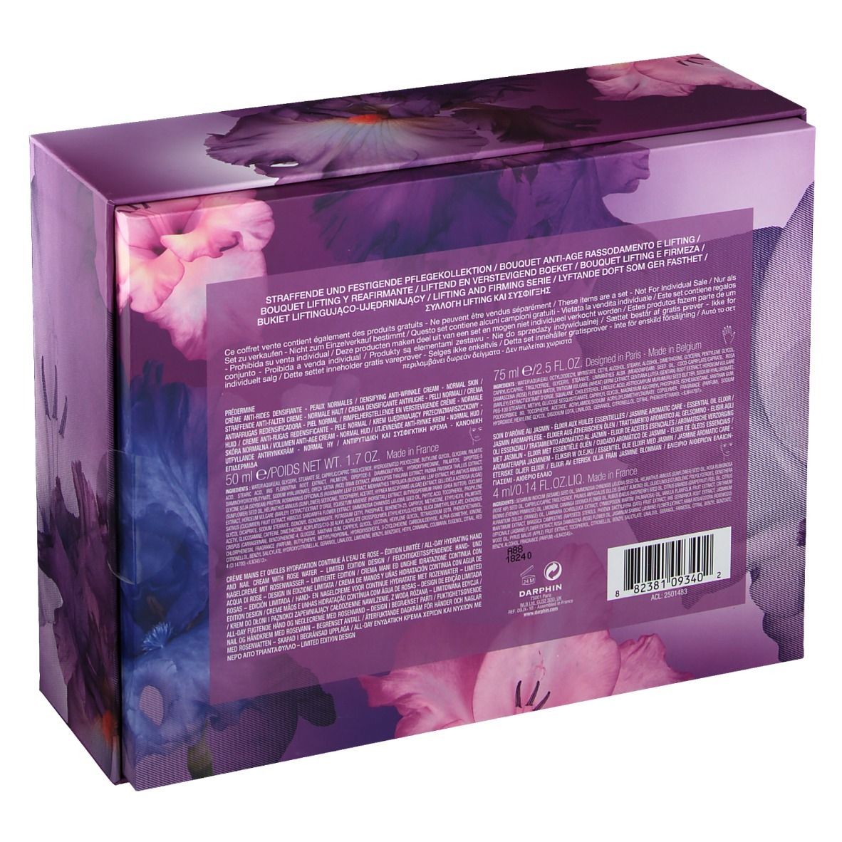 Rückseite der Box mit Text. Floral bedruckt. Enthält Produktinformationen und Barcode.