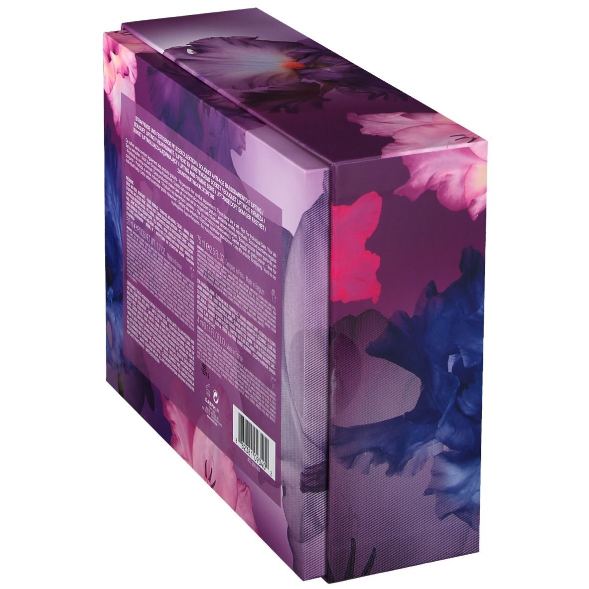 Schrägansicht der Box. Floral bedruckt. Enthält Text und Barcode. Markenschriftzug.