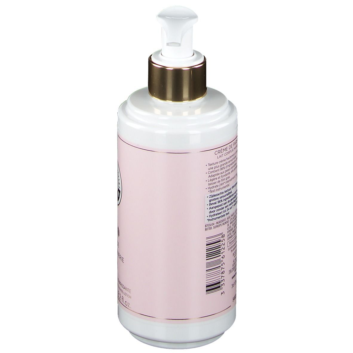 Weiße Flasche mit rosa Etikett. Goldfarbener Pumpkopf. Rückseite mit Text und Barcode.