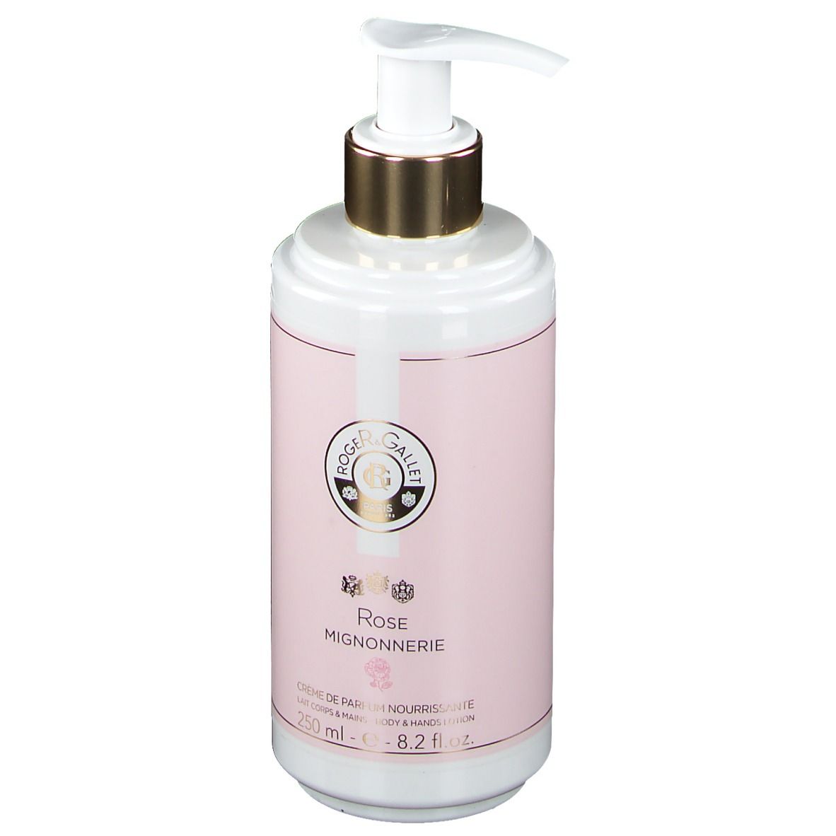 Weiße Flasche mit rosa Etikett. Goldfarbener Pumpkopf. Aufschrift: Rose Mignonnerie, Creme de Parfum Nourrissante.