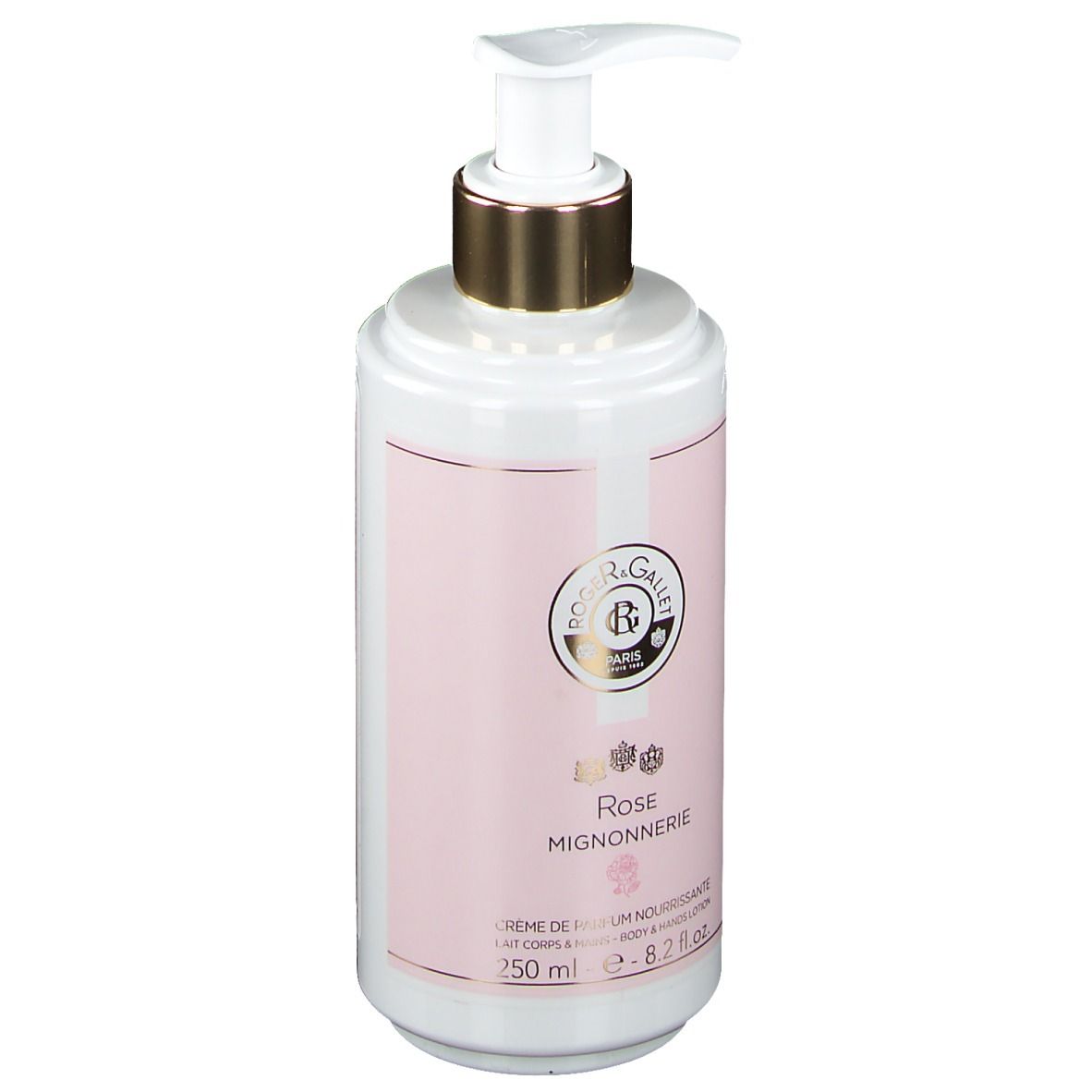 Weiße Flasche mit rosa Etikett. Goldfarbener Pumpkopf. Aufschrift: Rose Mignonnerie, Creme de Parfum Nourrissante.