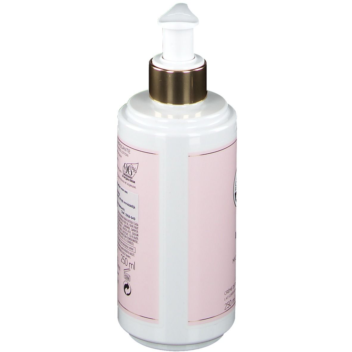 Weiße Flasche mit rosa Etikett. Goldfarbener Pumpkopf. Rückseite mit Text.