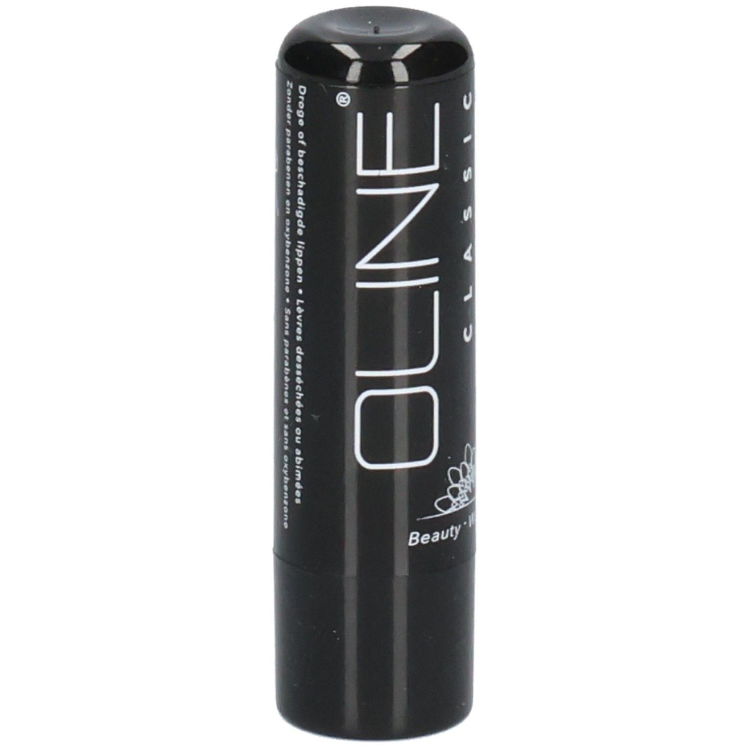 Schwarzer Lippenpflegestift. Oline Classic Schriftzug. Text: Ohne Parabene, für beschädigte Lippen. Blüten-Logo.