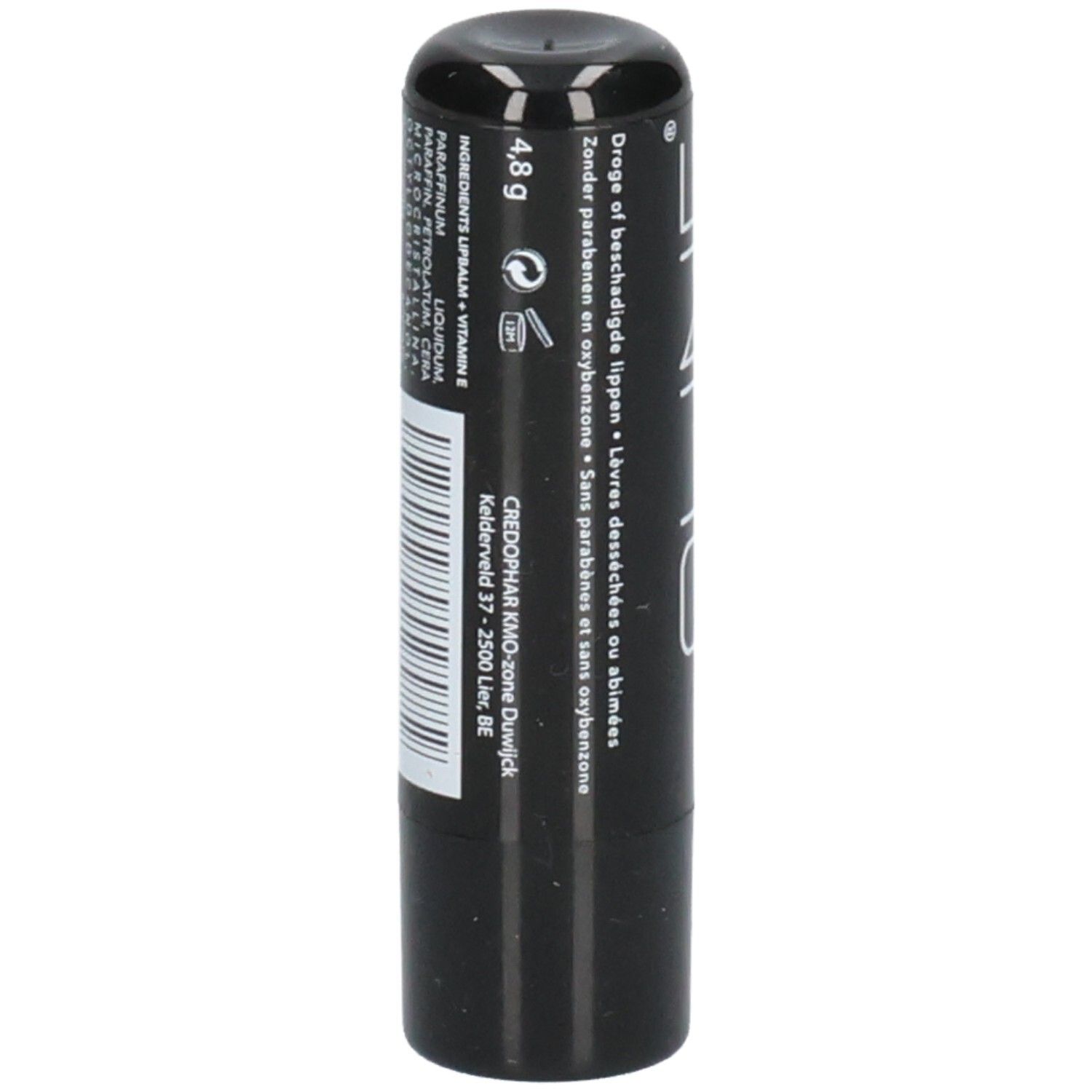 Schwarzer Lippenpflegestift. Text: 4,8 g. Inhaltsstoffe. Text: Ohne Parabene, für beschädigte Lippen. Barcode.