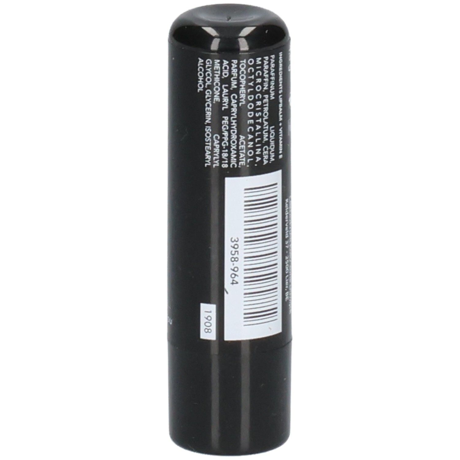 Schwarzer Lippenpflegestift. Inhaltsstoffe. Barcode. Text: 1908. Produktnummer.