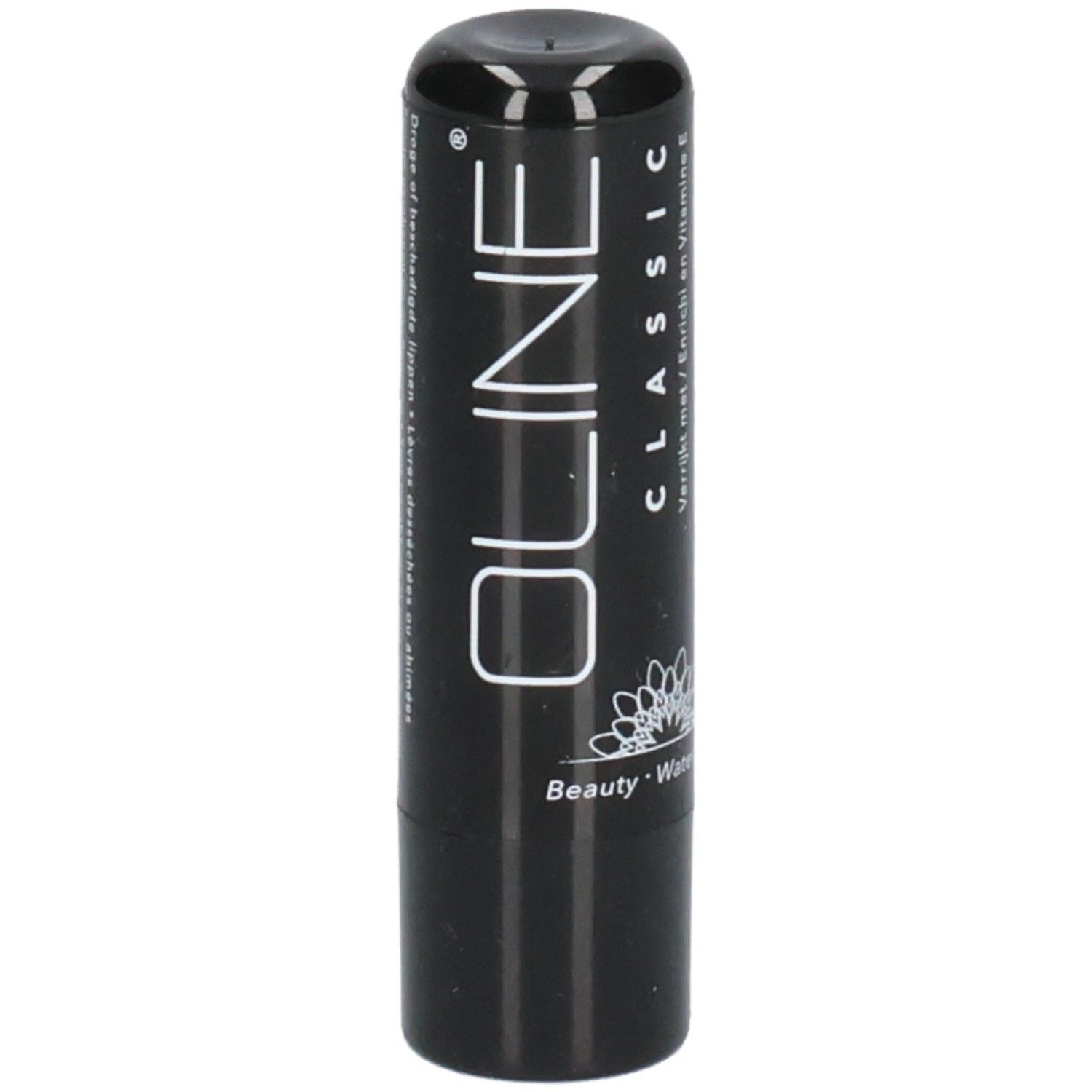 Schwarzer Lippenpflegestift. Oline Classic Schriftzug. Text: Mit Vitamin E. Blüten-Logo.