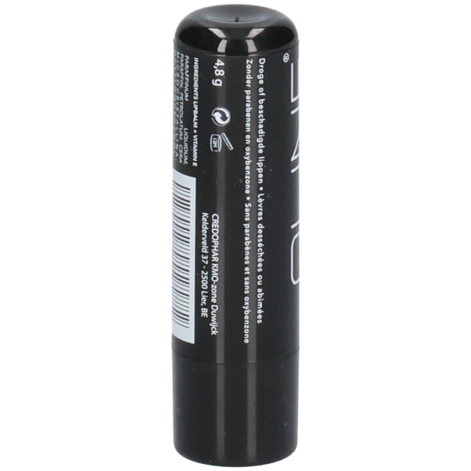 Schwarzer Lippenpflegestift. Text: 4,8 g. Inhaltsstoffe. Text: Ohne Parabene, für beschädigte Lippen. Barcode.