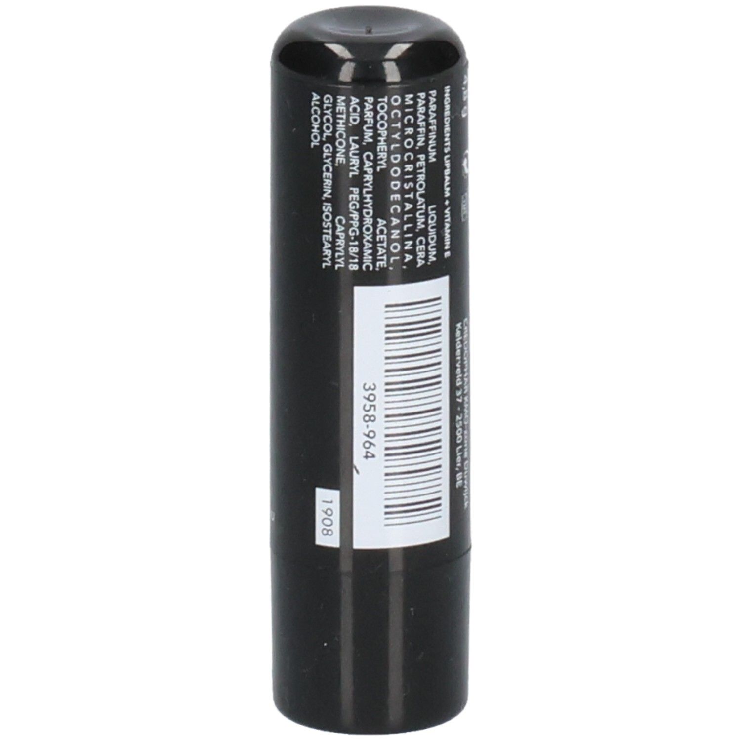 Schwarzer Lippenpflegestift. Inhaltsstoffe. Barcode. Text: 1908. Produktnummer.