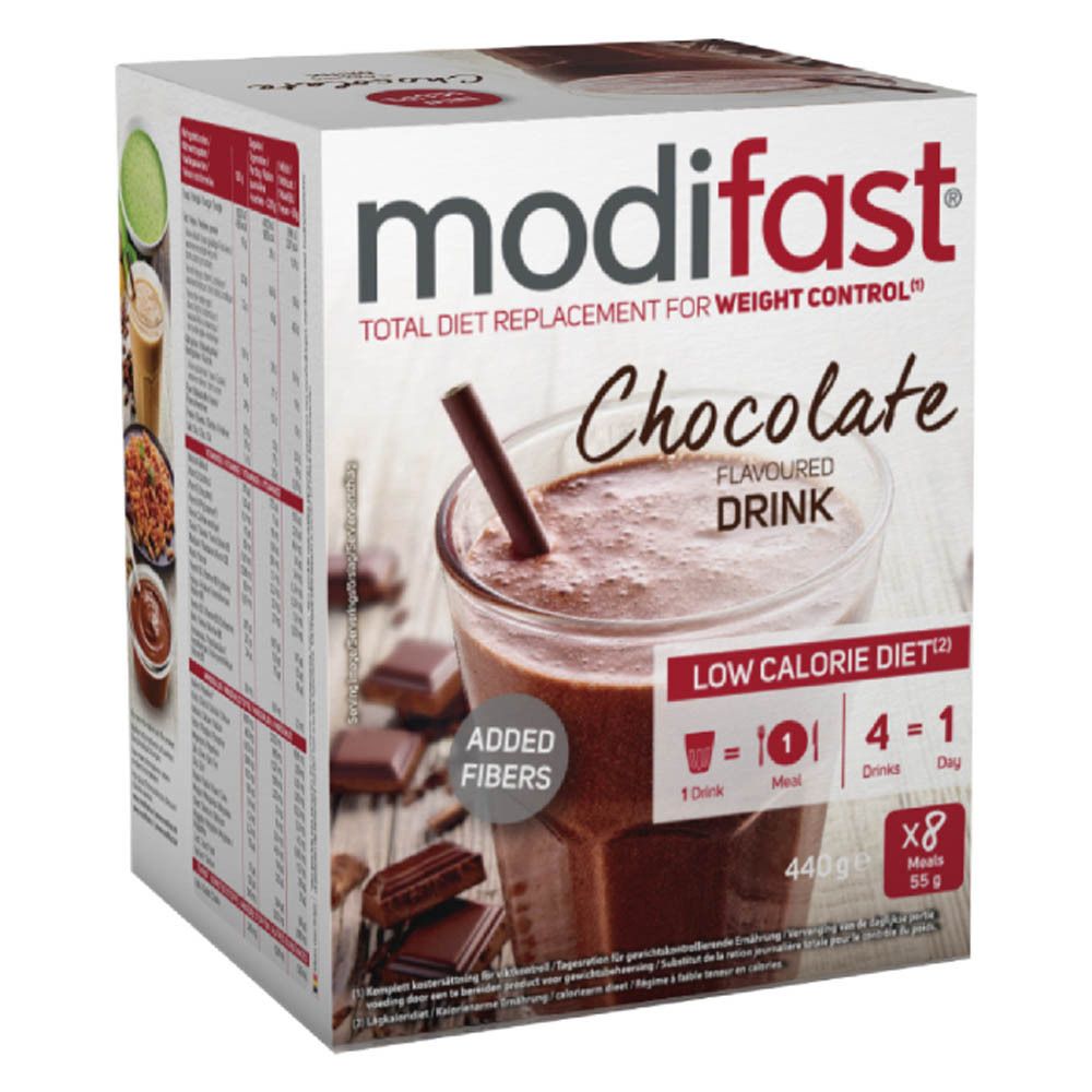 Boîte de modifast® Milkshake Chocolat. Inscription : Chocolat, Low Calorie Diet, 8 repas.