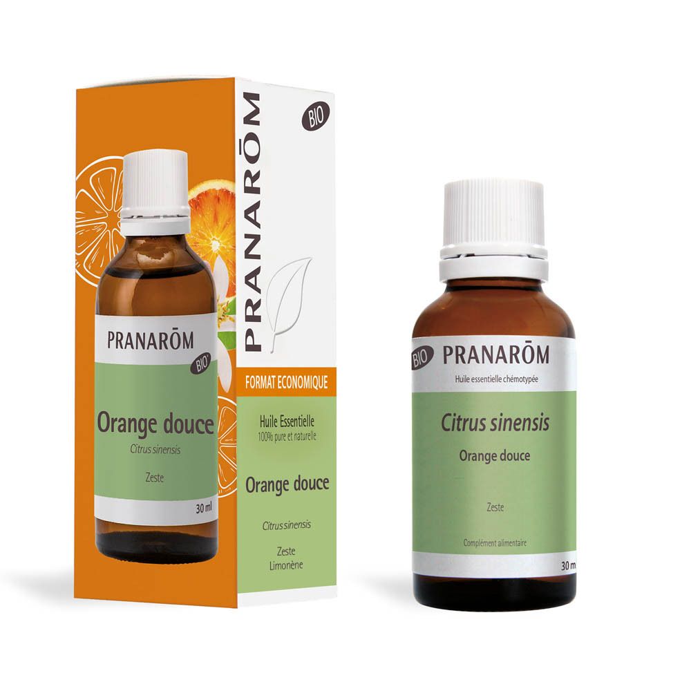 Flacon en verre brun, bouchon blanc. Étiquette avec texte. Certification BIO.