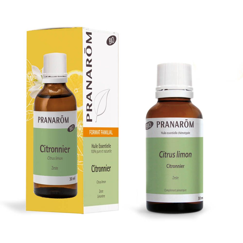 Flacon en verre brun, bouchon blanc, étiquette. Texte: Citrus limon, 30 ml. Certification BIO.