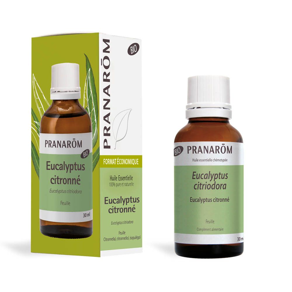 Flacon et boîte en verre brun. Inscription : Pranarom, Eucalyptus citriodora, Bio. 30 ml.