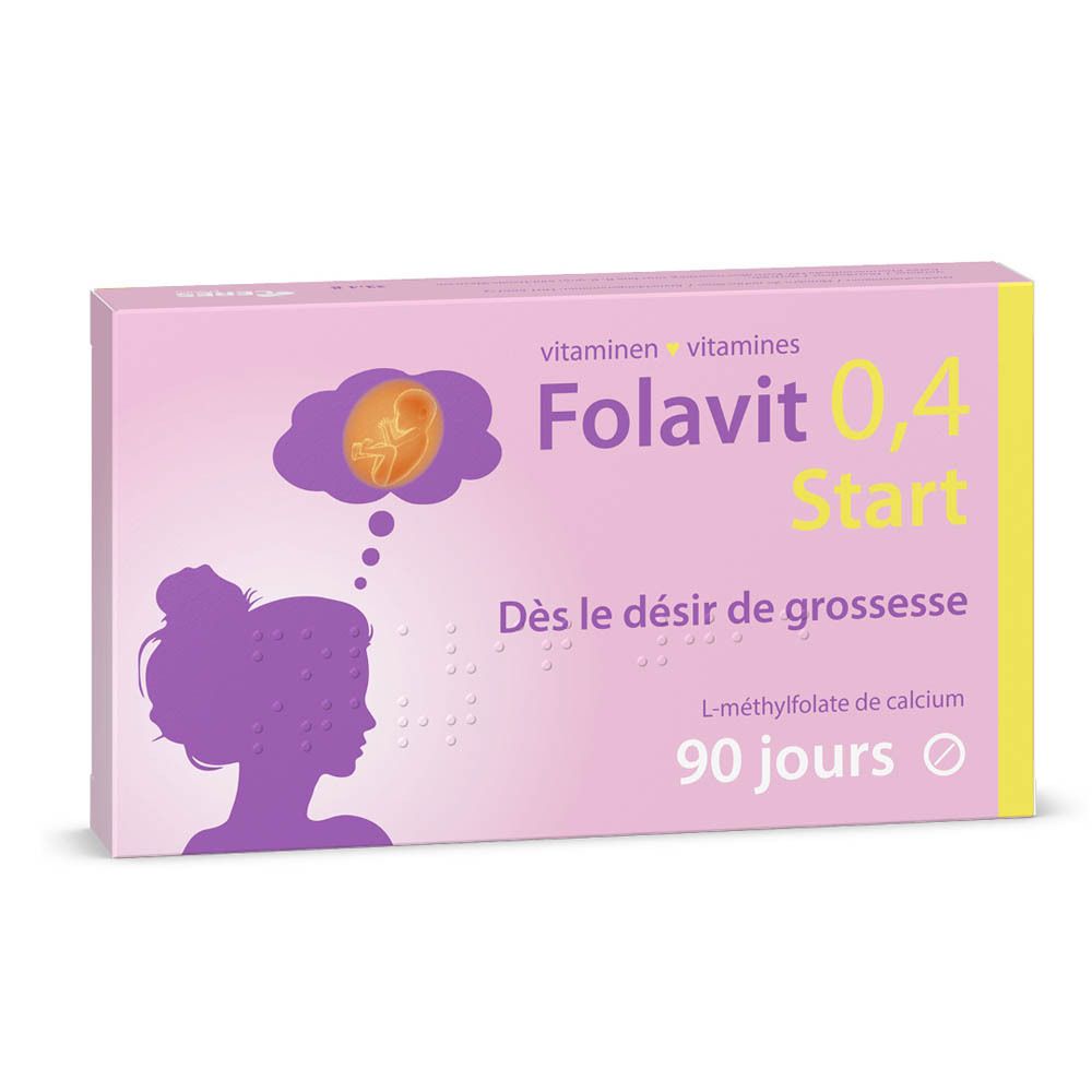 Boîte rose Folavit 0,4 Start. Silhouette féminine et symbole fœtal. 90 jours.