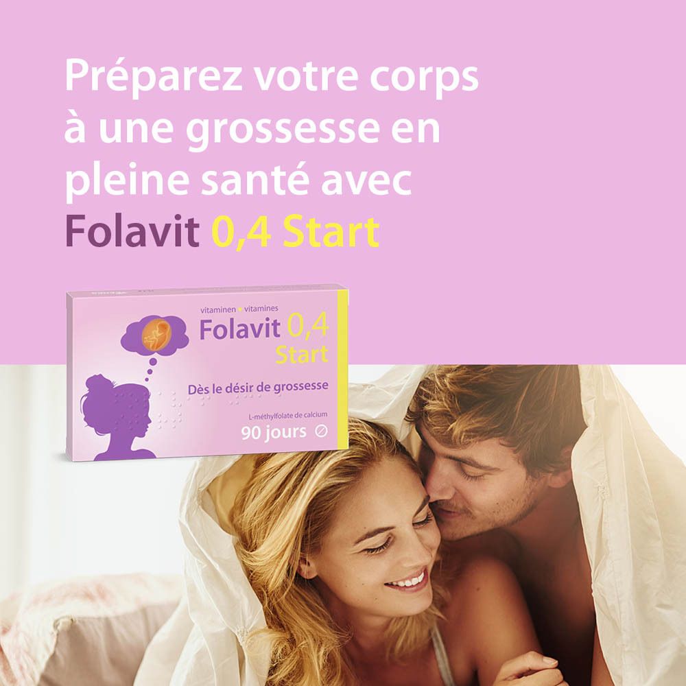 Couple sous une couverture. Boîte Folavit 0,4 Start. Texte: Préparez votre corps.