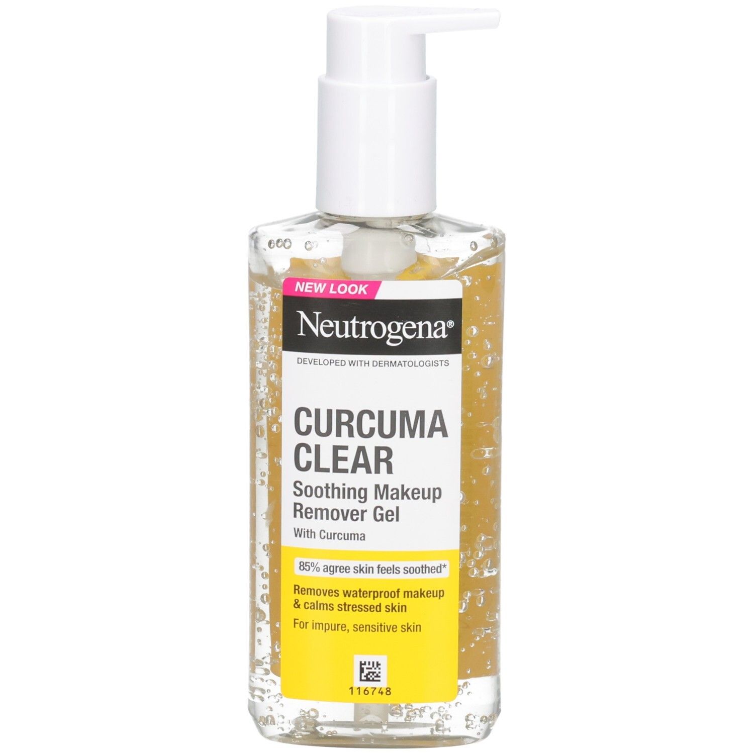 Neutrogena Curcuma Clear Gel. Klare Flüssigkeit in rechteckiger Flasche mit weißem Pumpverschluss. Gelbe Etiketten mit Text.