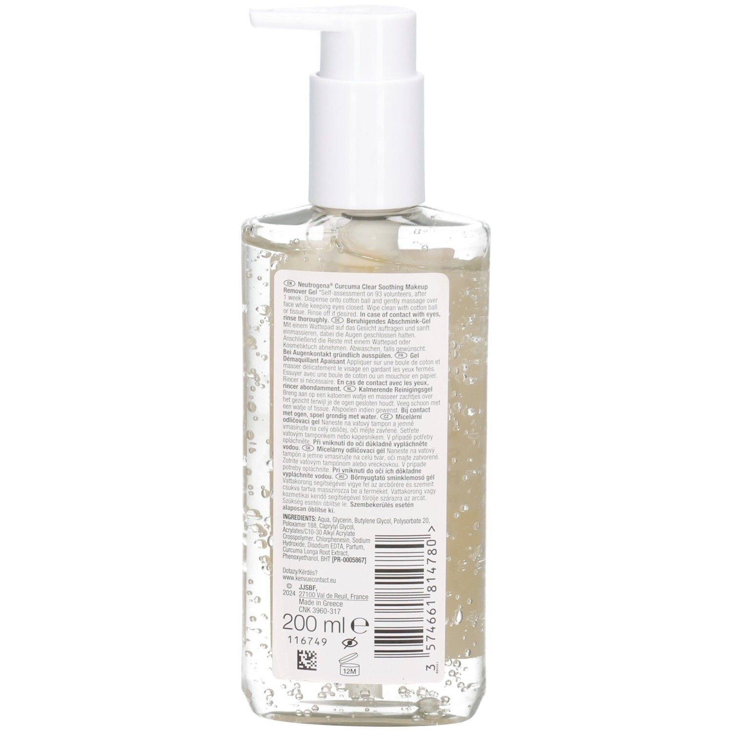 Rückansicht der Neutrogena Curcuma Clear Gel Flasche. Transparente Flüssigkeit. Weißes Etikett mit Text und Barcode.