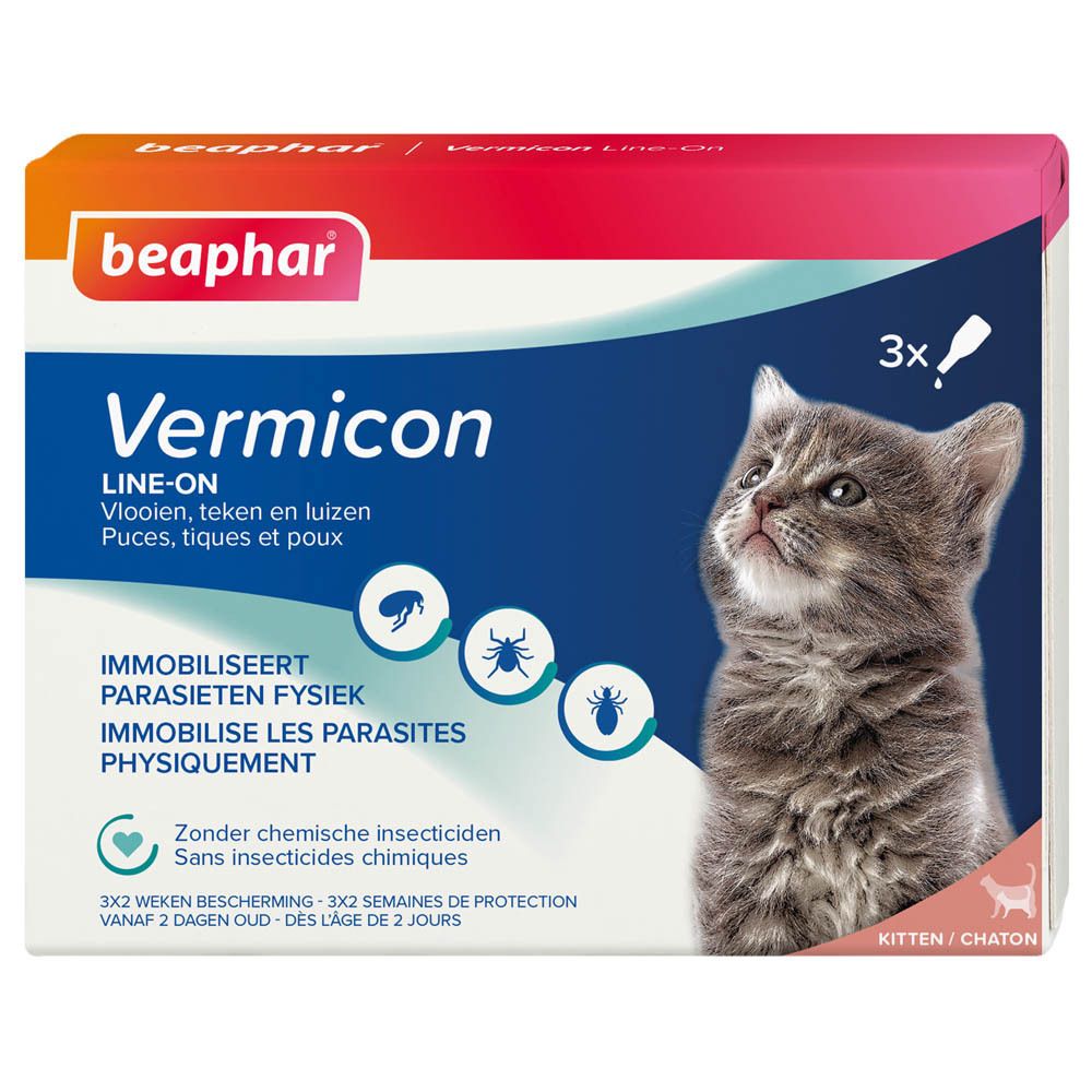 Boîte Beaphar Vermicon Line-On pour chatons. 3 pipettes de 0,75 ml. Dès l'âge de 2 jours. Image d'un chaton.
