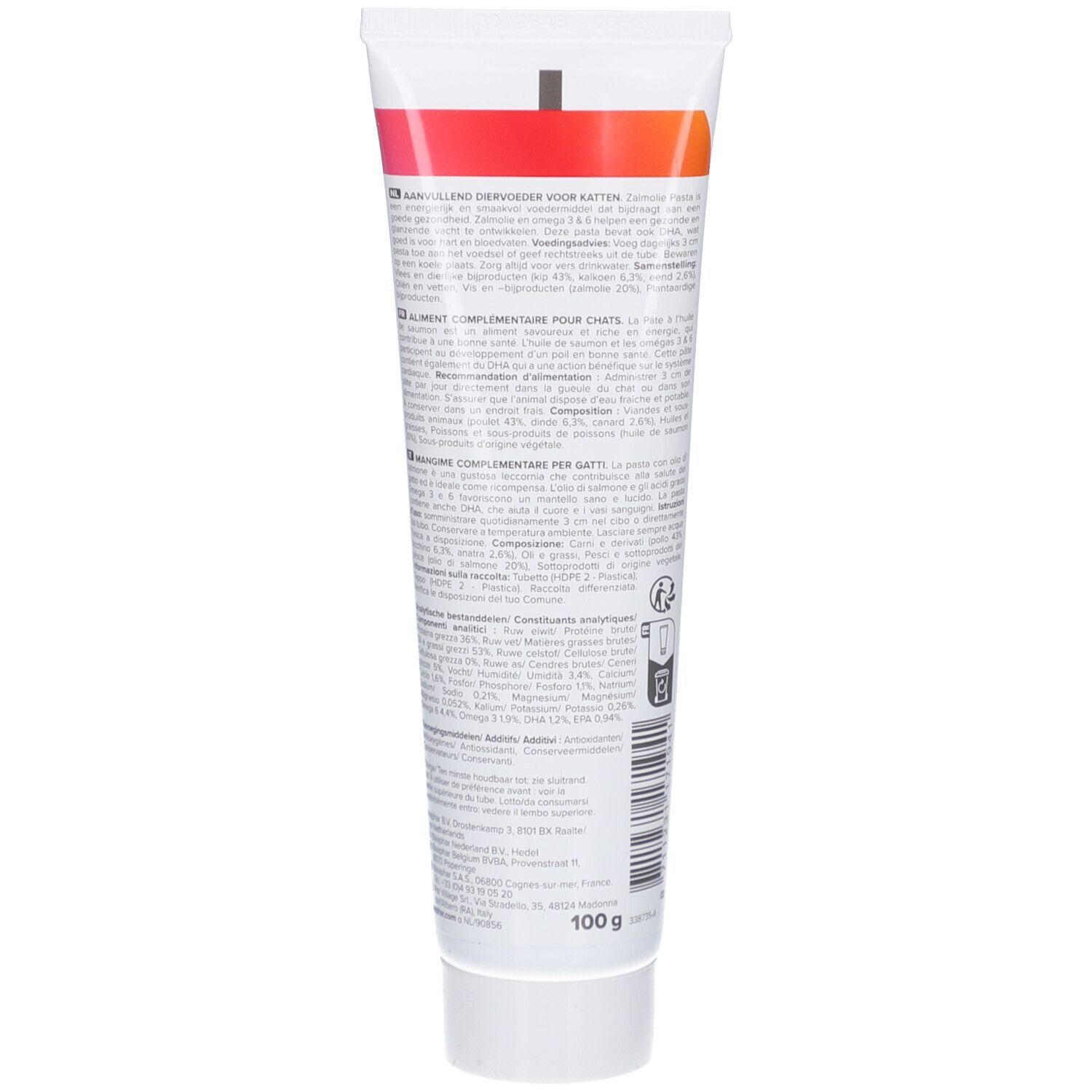 Rückseite einer Tube Beaphar Zalmoli Pasta. Text in mehreren Sprachen. Enthält Informationen zu Inhaltsstoffen und Anwendung.