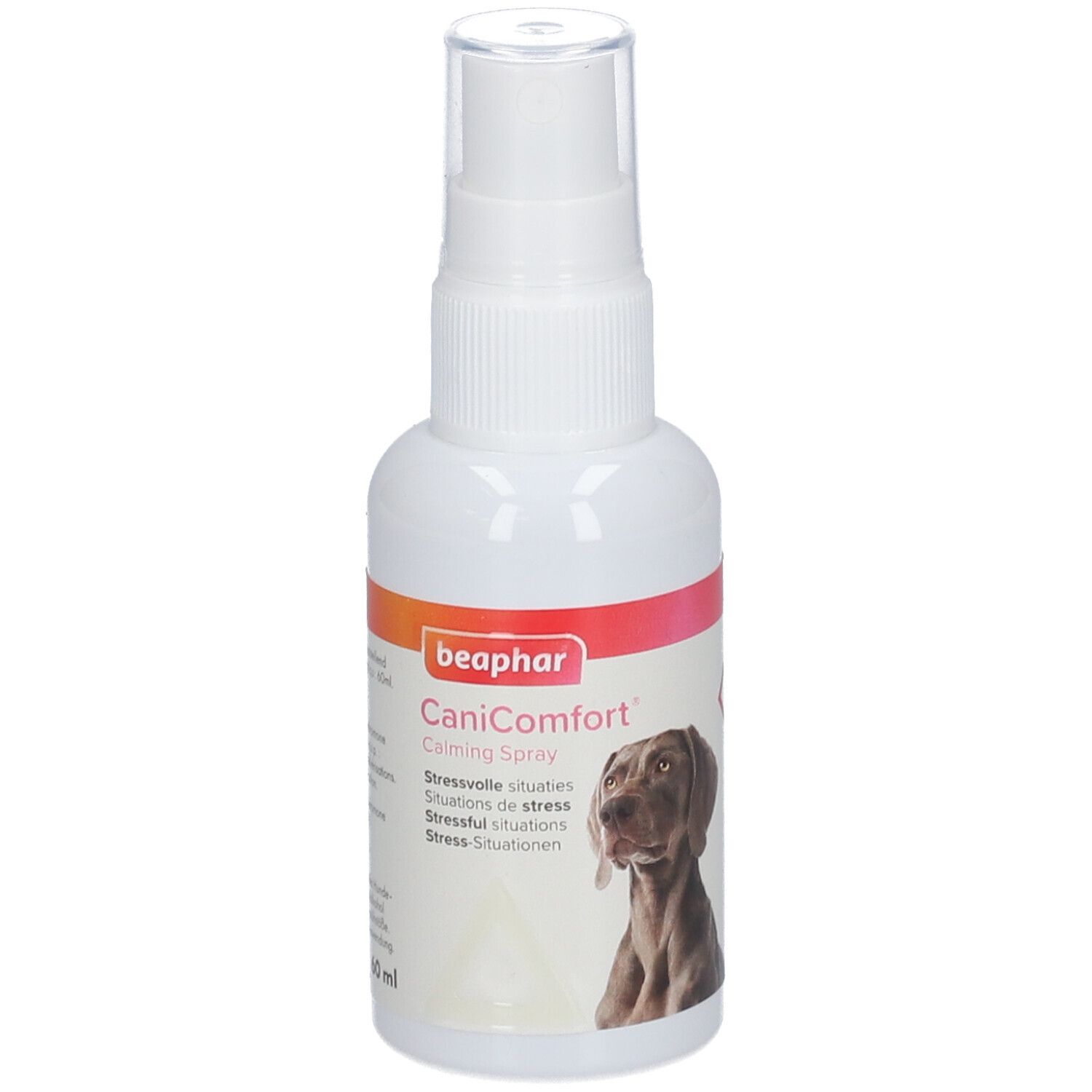 Weiße Sprühflasche mit Aufschrift CaniComfort und Hund. Orangefarbener Streifen. 60 ml.