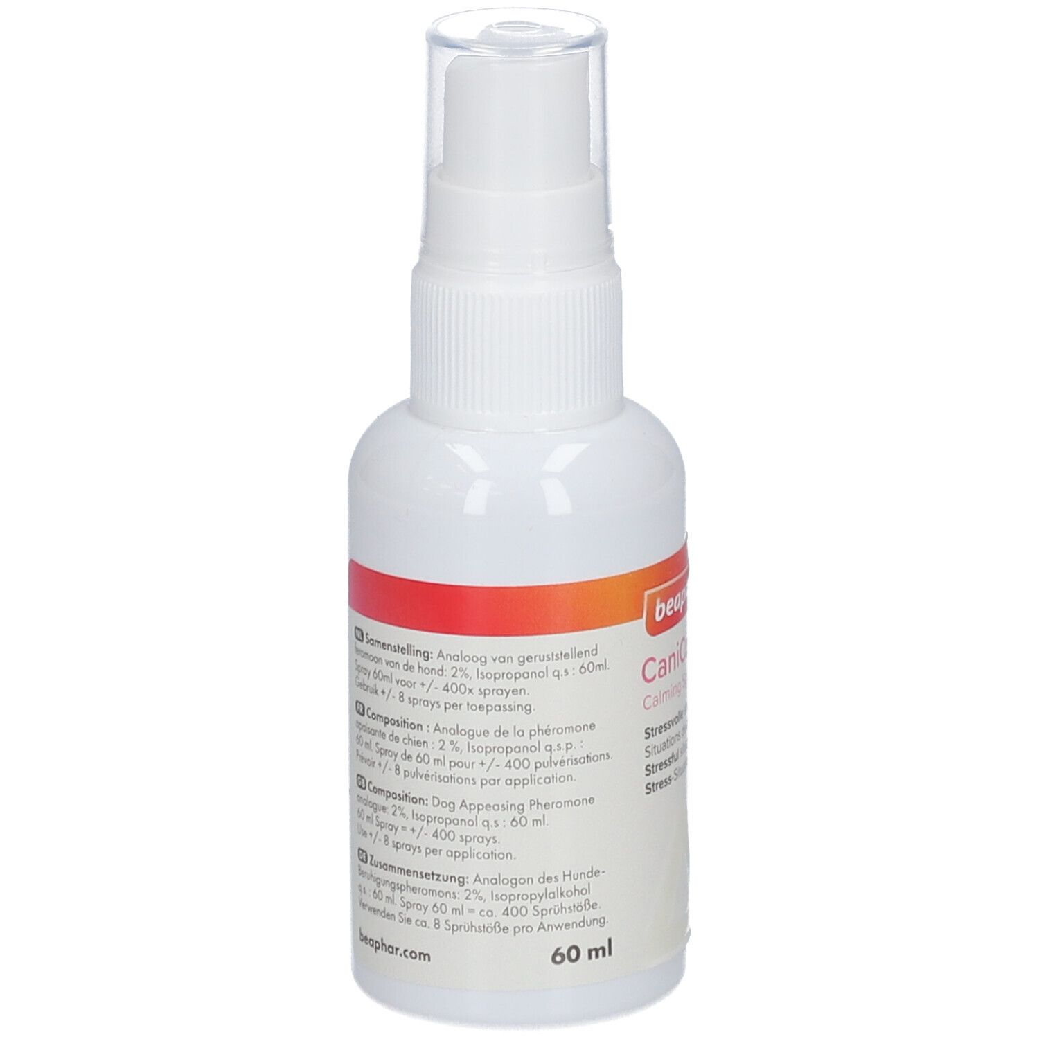 Rückseite der weißen Sprühflasche. Text in mehreren Sprachen. 60 ml.