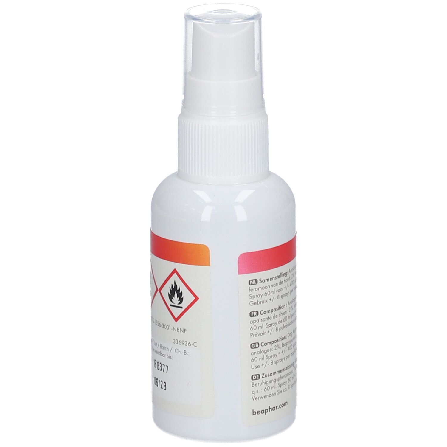 Weiße Sprühflasche. Warnhinweise und Text. 60 ml.
