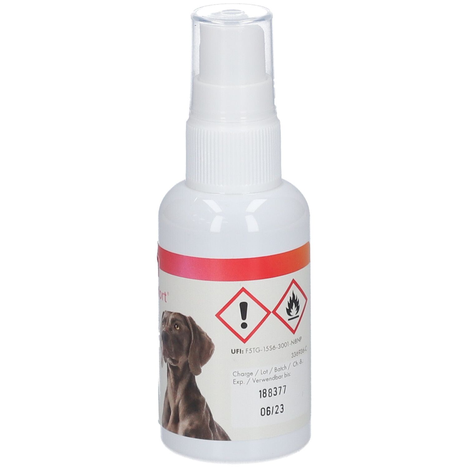 Weiße Sprühflasche. Warnhinweise, Hund und Text. 60 ml.