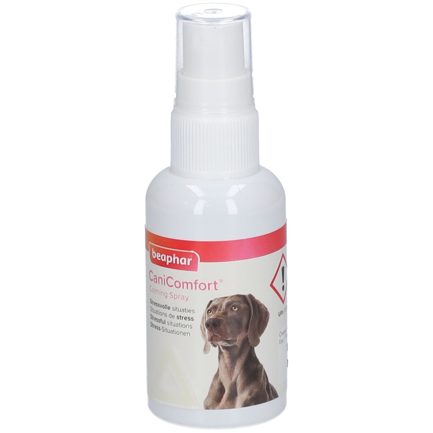 Weiße Sprühflasche mit Hund und Text. 60 ml.