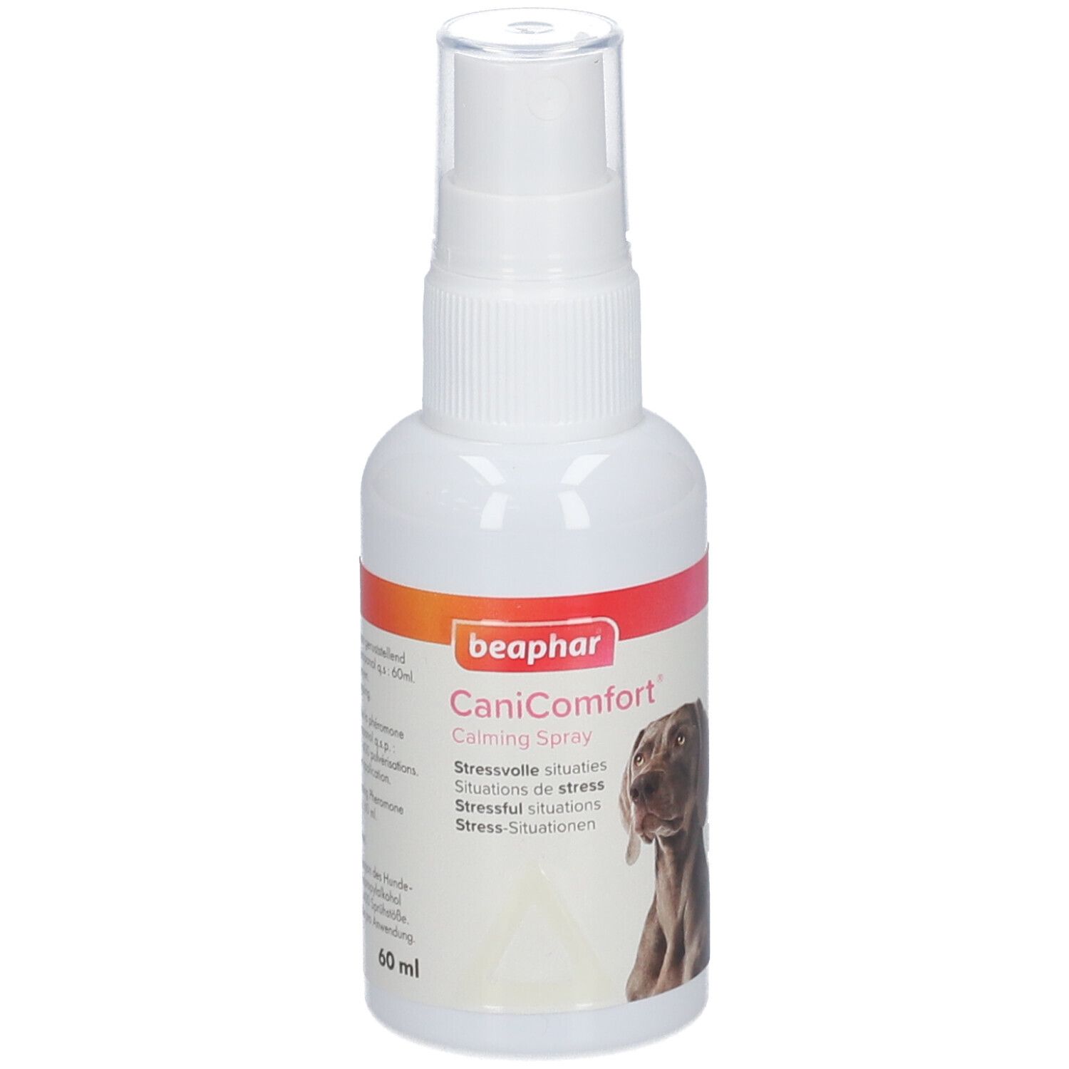 Weiße Sprühflasche mit Hund und Text. 60 ml.