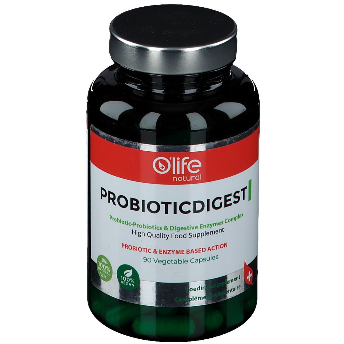 Dunkelgrüne Flasche mit silbernem Deckel. Auf dem Etikett steht "O'Life natural PROBIOTICDIGEST". Enthält 90 Kapseln.