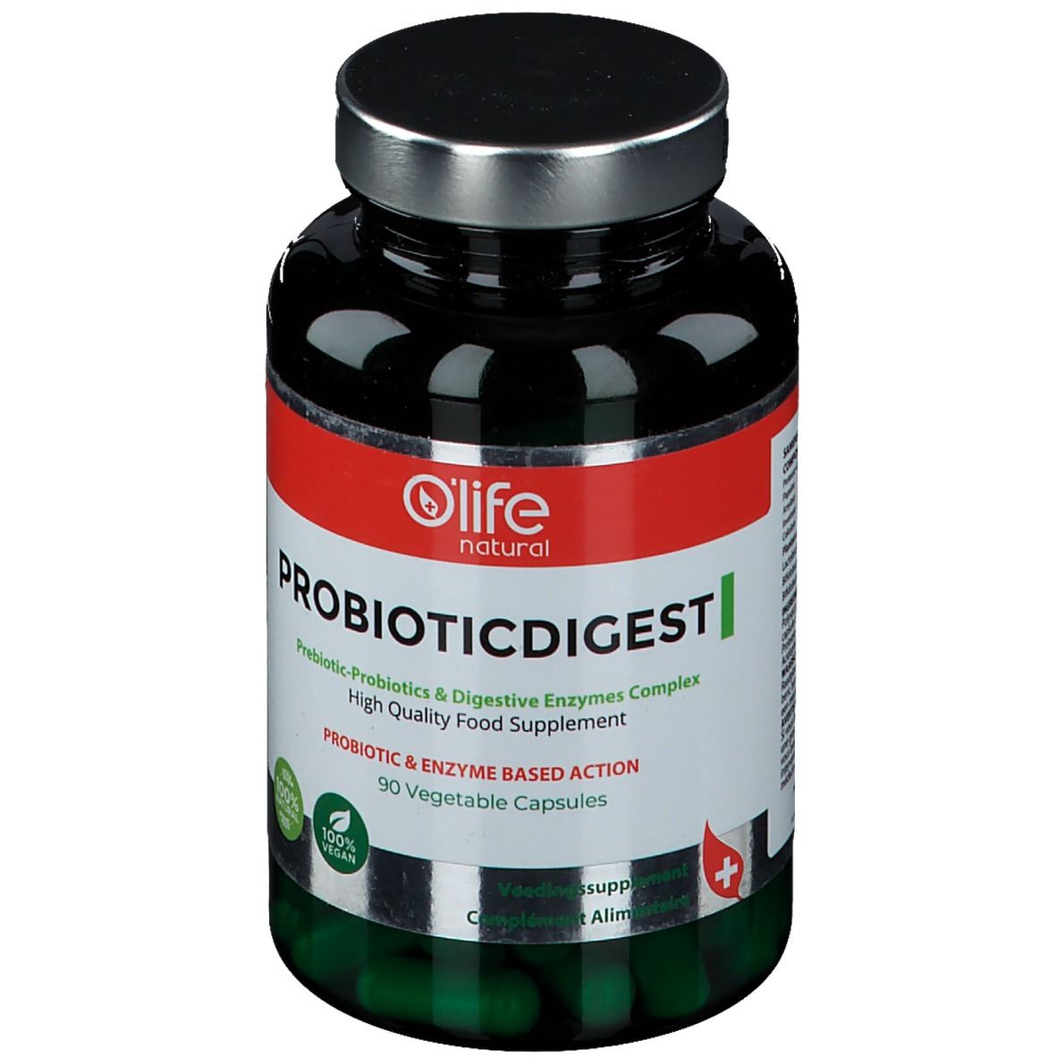 Dunkelgrüne Flasche mit silbernem Deckel. Auf dem Etikett steht "O'Life natural PROBIOTICDIGEST". Enthält 90 Kapseln.