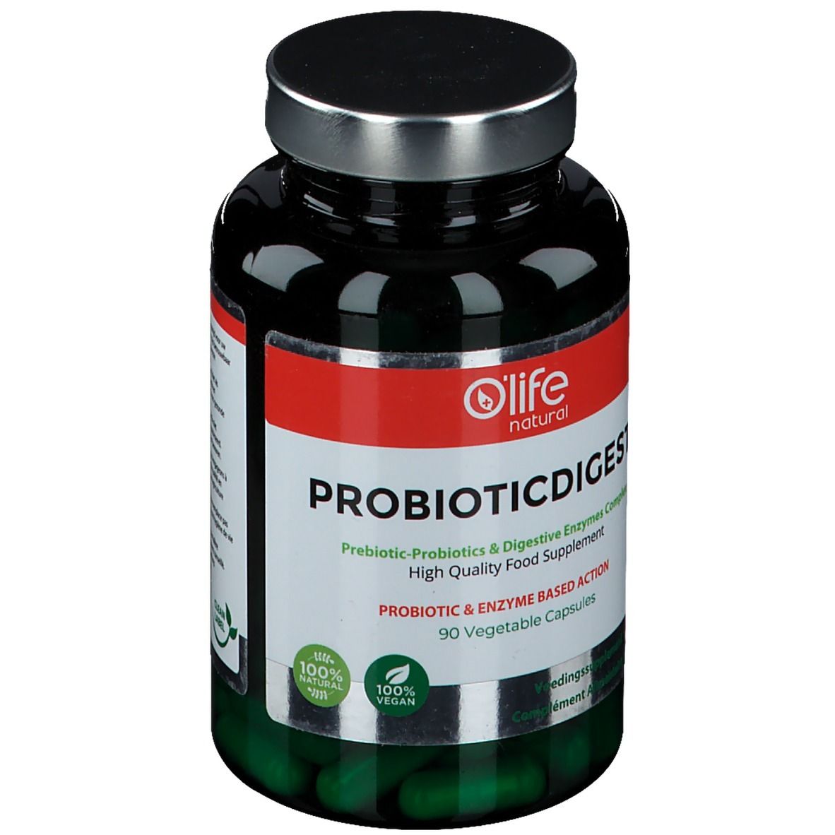 Dunkelgrüne Flasche mit silbernem Deckel. Auf dem Etikett steht "O'Life natural PROBIOTICDIGEST". Enthält 90 Kapseln.