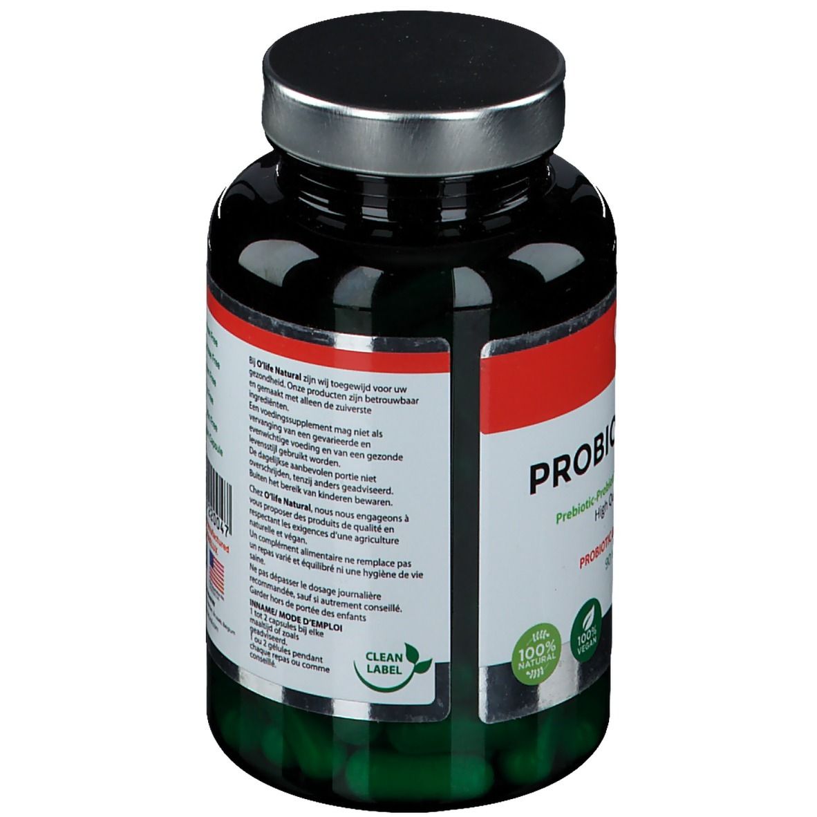 Dunkelgrüne Flasche mit silbernem Deckel. Auf dem Etikett steht "O'Life natural PROBIOTICDIGEST". Enthält 90 Kapseln.