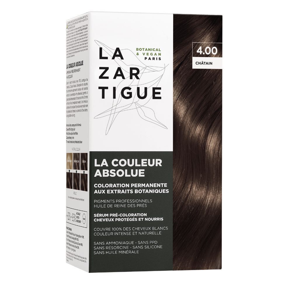 Boîte de coloration capillaire LAZARTIGUE, LA COULEUR ABSOLUE 4.00 Châtain. Botanique & vegan.