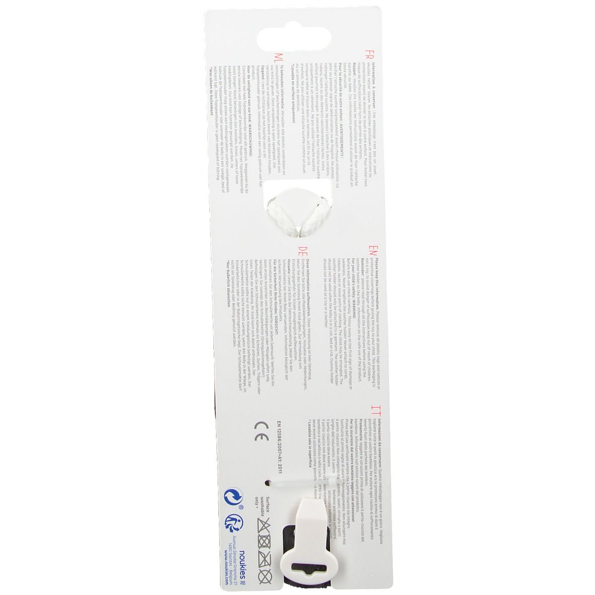 Dos de l'emballage. Blanc avec texte, dispositif de suspension et clip. Logo et texte "noukie's".