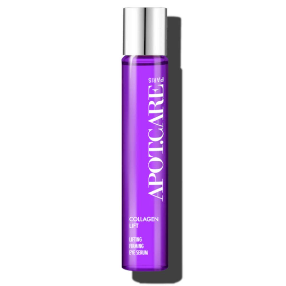 Lila Flasche mit APOT.CARE-Logo und Text. Produktname: Collagen Lift Augenserum. Silberner Deckel.