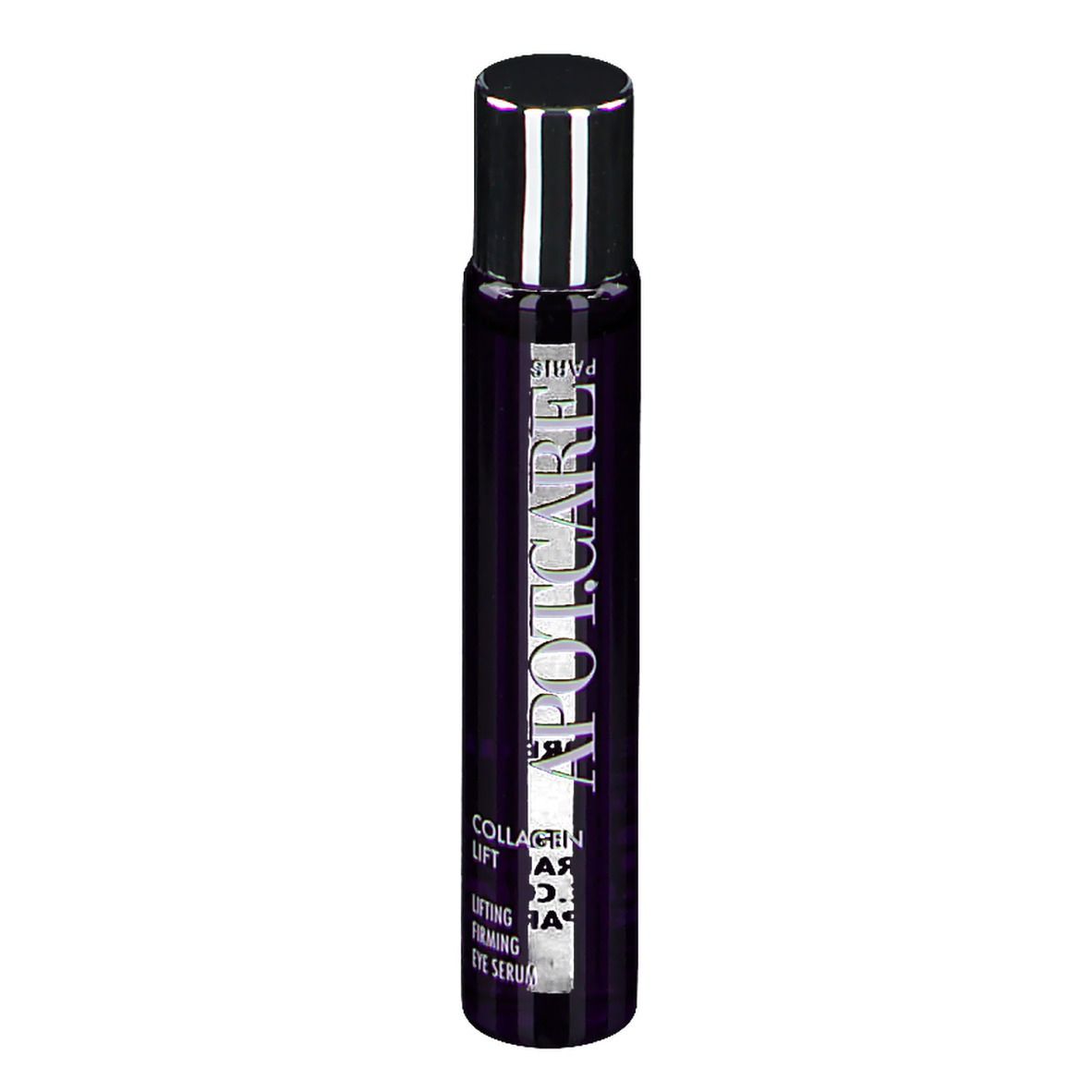 Dunkelviolette Flasche mit APOT.CARE-Logo und Text. Produktname: Collagen Lift Augenserum. Silberner Deckel.