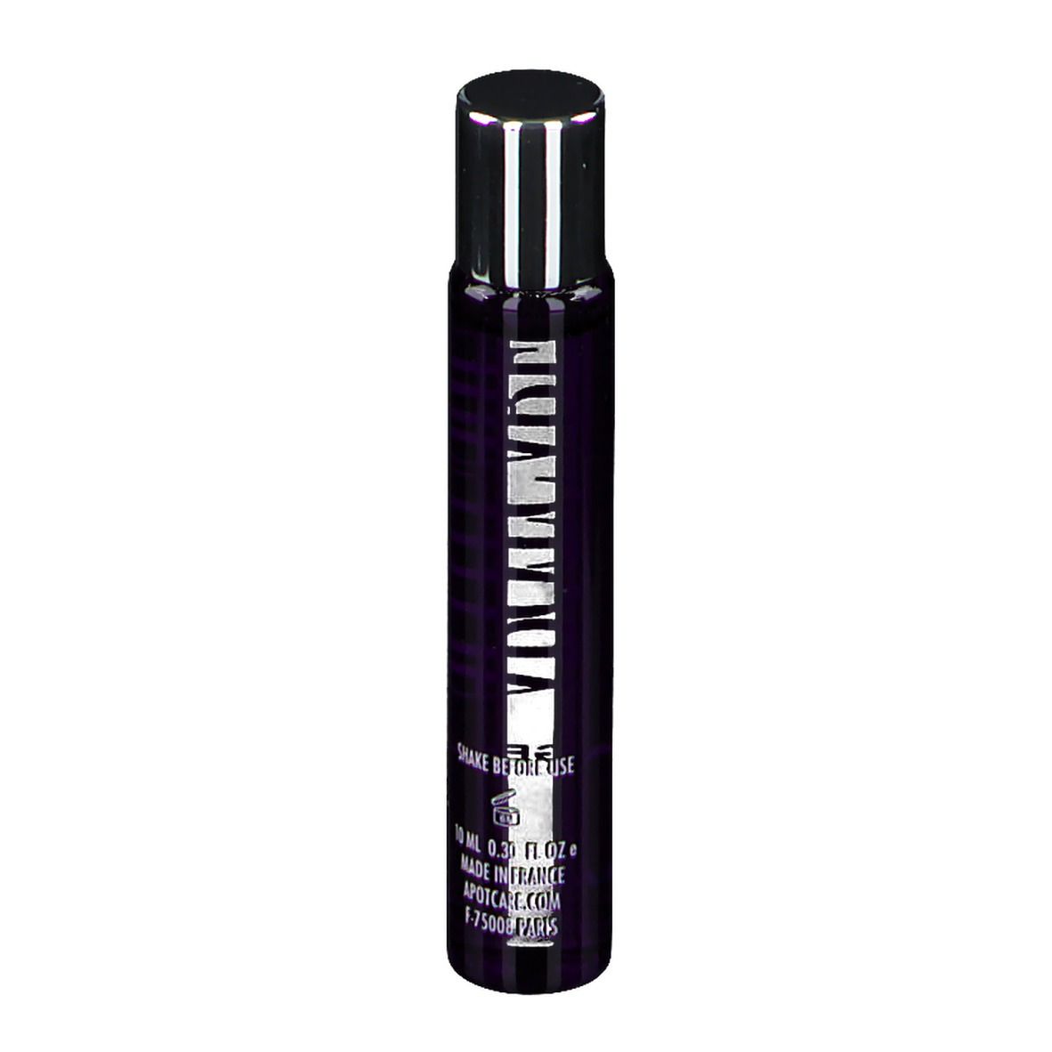 Dunkelviolette Flasche mit APOT.CARE-Logo und Text. Produktname: Collagen Lift Augenserum. Silberner Deckel.