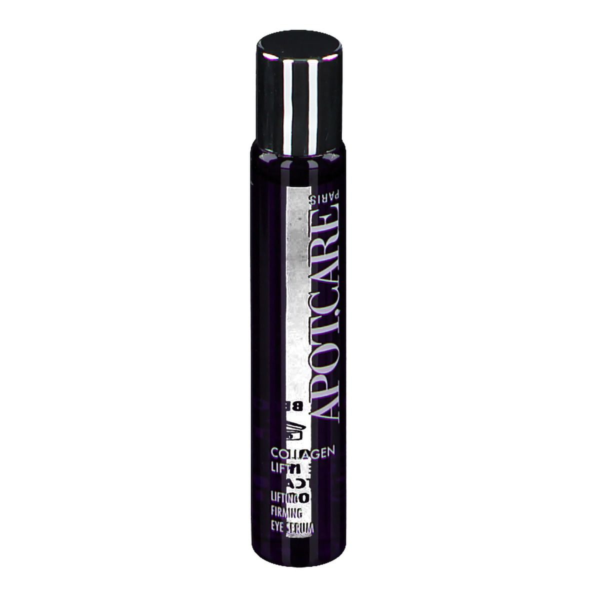 Dunkelviolette Flasche mit APOT.CARE-Logo und Text. Produktname: Collagen Lift Augenserum. Silberner Deckel.